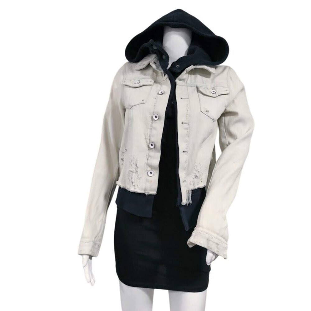 Free People Distressed Skater Grunge Layered Denim Jacket Ivory Black Size XS - Picture 2 of 15